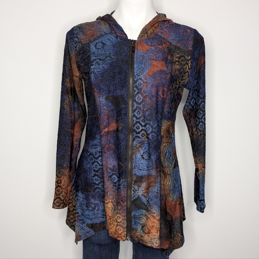 Kamana Blue Brown Abstract Artsy Zip Up Lightweight Hoodie S